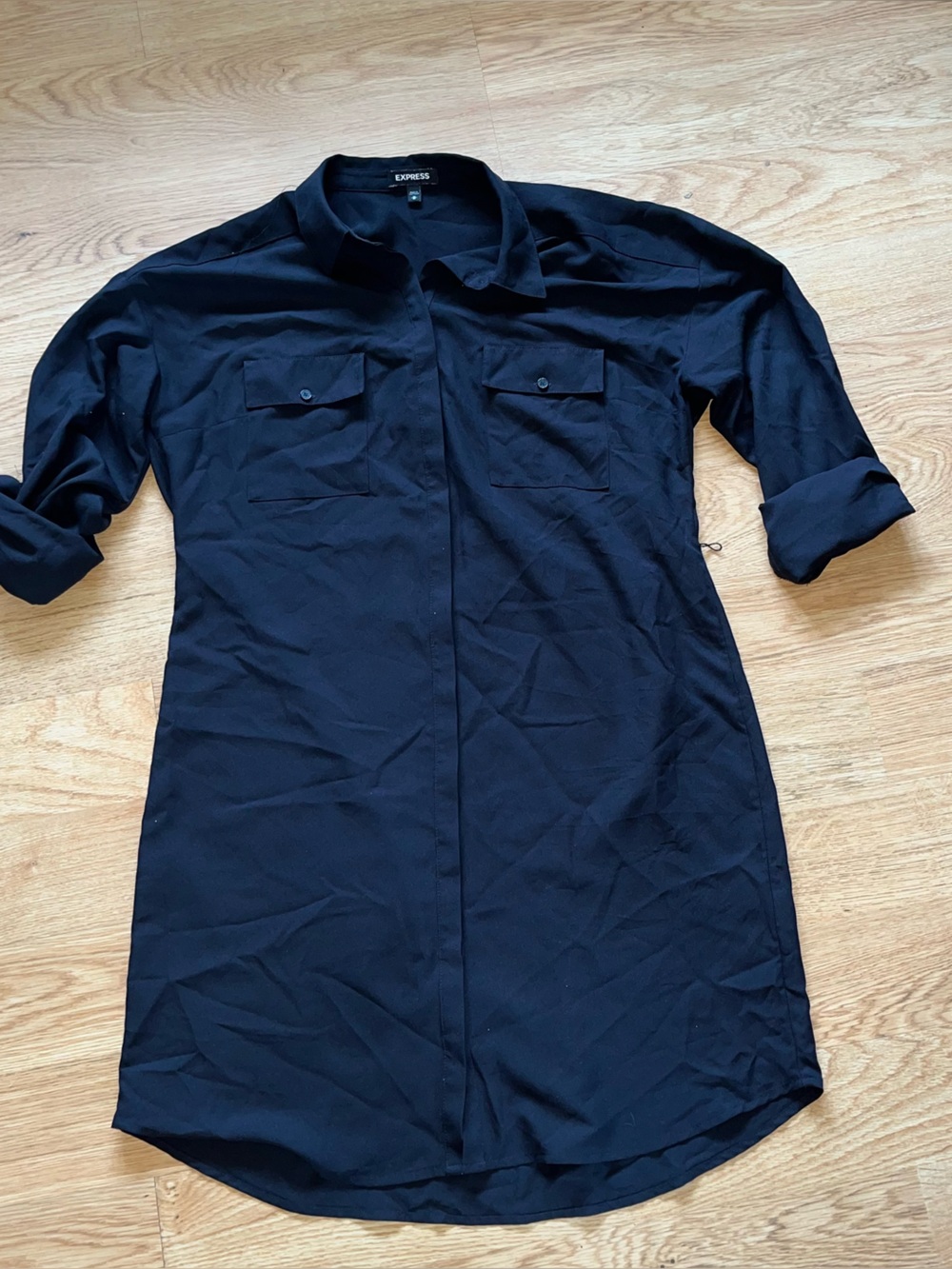 Express Women's Black Solid Woven Shirt Dress Collared Button Pockets Size M